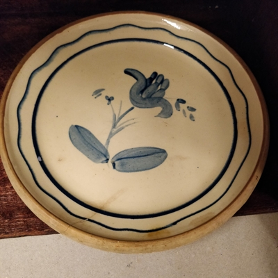 keramik tallerken blå blomster glasur gammel lerfad